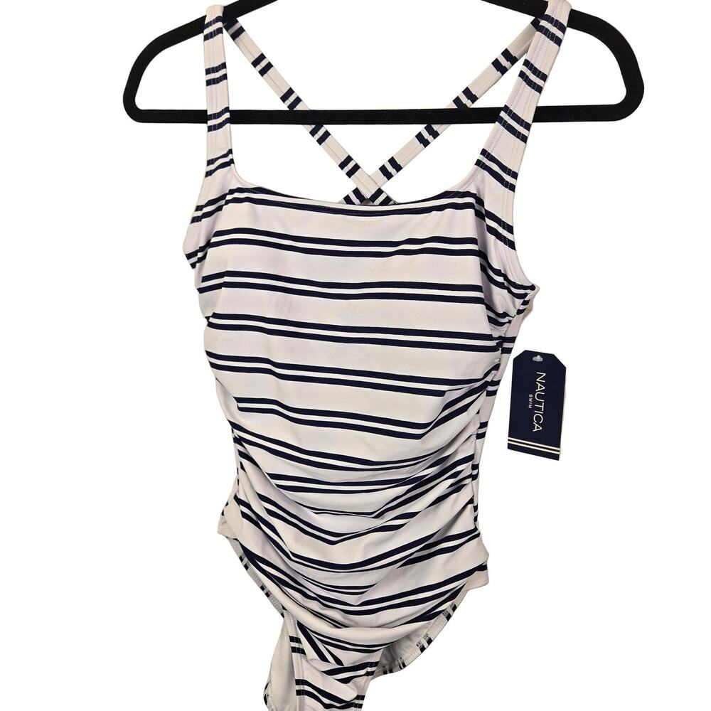 Nautica One-piece swimsuit S White Navy Blue Adj Straps NEW MINIMALIST PREPPY
